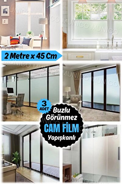 Munico 3 Adet x 2 Metre x 45 Cm Duşakabin Banyo Camı Kaplama Yapışkanlı Film Mat Beyaz Cam Filmi Buzlu Film