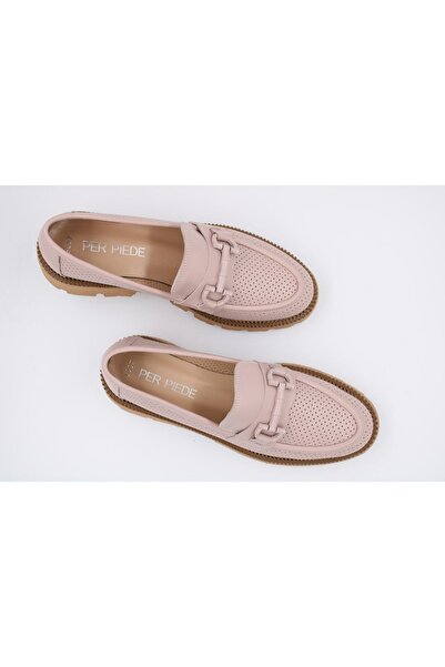 PerPiede Zımbalı Ve Tokalı Pudra Deri Ayakkabı
