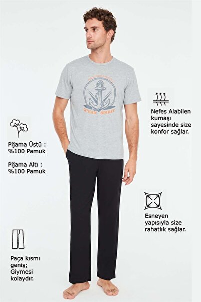 Mod Collection - Erkek Gri Melanj Yuvarlak Yaka Pijama Takımı