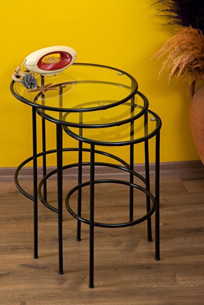 tino furniture Lotus 3'lü Şeffaf Camlı Siyah Zigon Yan Sehpa