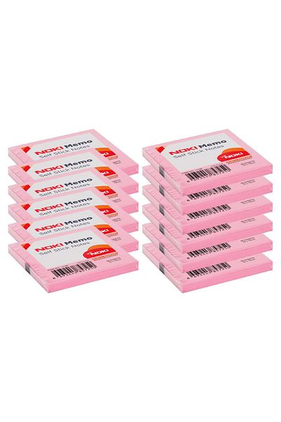 Noki 80 Sheets Light Pink Memo Note Paper - 75x75 mm Adhesive, 12 Pieces 12166