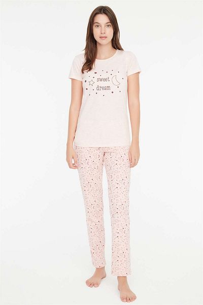 Mod Collection - Set de pijamale de damă roz Melange cu gât rotund