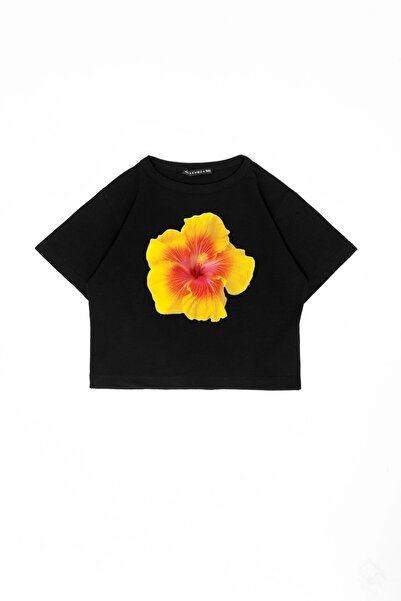 Bak Moda Crop Top Negru - Imprimat Floral Galben