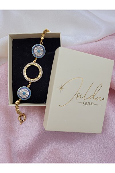 IŞILDAGOLD ÇEYREKLİ NAZAR BONCUKLU DORİKA BİLEKLİK (22 AYAR ALTIN KAPLAMA)