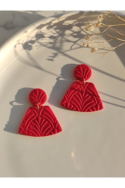 Gizy Store Kadın Polimer Kil El Yapımı Kırmızı Üzeri Desenli Küpe