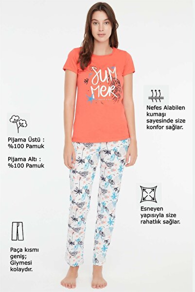 Mod Collection - Kadın Mercan Yuvarlak Yaka Pijama Takımı