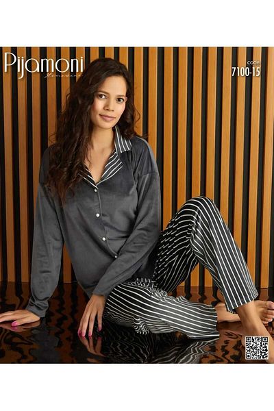 pijamakeyfi Women's Winter Velvet Pajamas Set Buttoned Shirt Collar