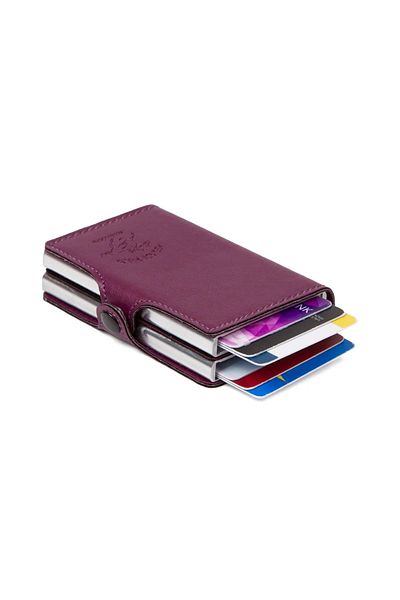 tuldar Purple Leather - Dual Mechanism Automatic Card Drawing Card Holder and Wallet Containing Aluminum