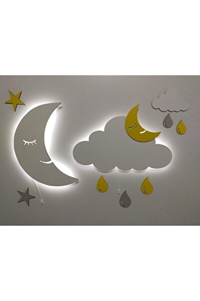 fabrikahşap Dekoratif Ahşap Işıklı Ay Bulut Gece Lambası Ledli Aydınlatma Çoc...