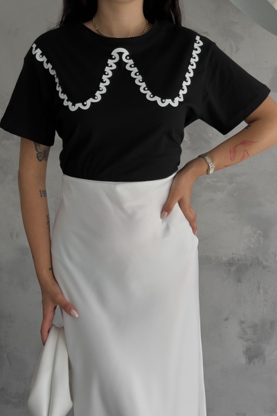 FEMELLE Women's Cotton T-Shirt with Stone Stud Detail - Collar Look