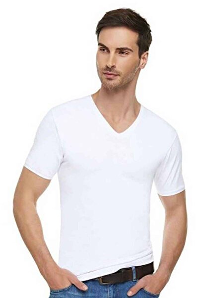 NazikEndam Tutku Elite Elastane V-Neck Men's Undershirt 1303| White