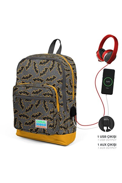Coral High Kids Koyu Gri Hardal Yarasa Desenli Dört Bölmeli Usb'li Okul Sırt ...