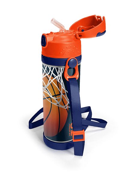 Coral High Kids Dark Blue Orange Basketball Patterned Steel Thermos with Straw 500 Ml 11927