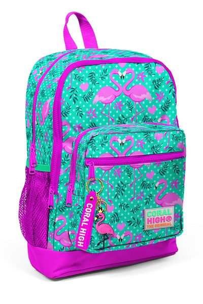 Coral High Geantă pentru școală primară cu model flamingo verde apă cu patru compartimente 23712