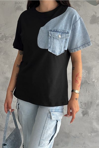 FEMELLE Tricou de damă din bumbac cu un singur buzunar detaliat din denim negru