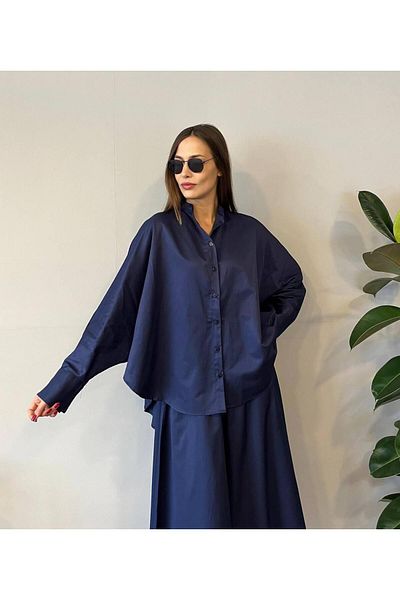 My Blog Navy Blue Wide Leg Trousers Set - Bat Sleeve Shirt