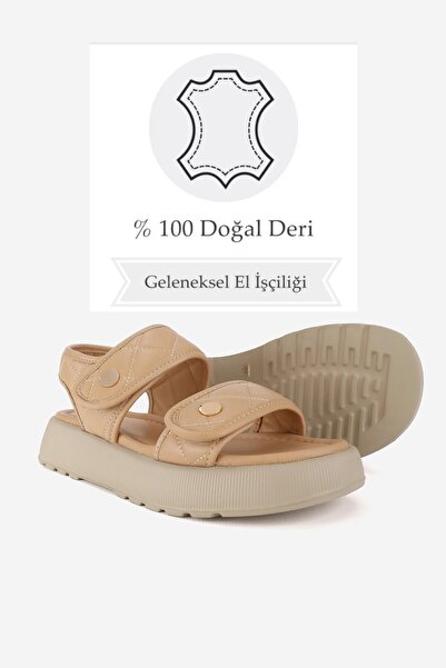 TUNAELLİ Beige Patent Leather - Genuine Natural Leather Short Heeled Flat Sandals