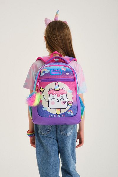 Coral High Kids Colorful Batik Unicorn Ice Cream Patterned Three Compartment School Backpack 23480