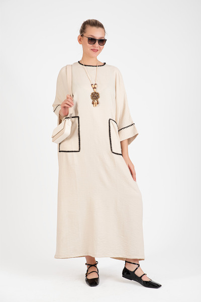 Hatun Atila Hatunatila Crochet Collar Oversized Long Dress with Pocket Detail - 5072