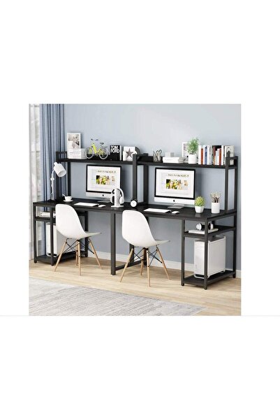 Zizuva Tasarım 2 Kişilik Raflı Ergonomik Siyah Çalışma Masası