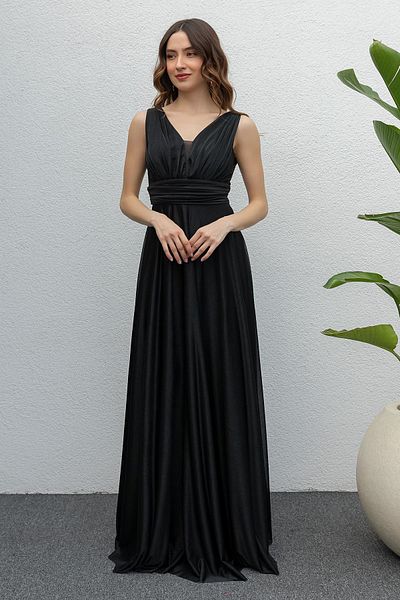 Neşeli Butik Rochie de seara de dama drapata din tul negru - NB2030