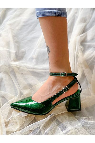irmona Green Shiny Glitter - Sandale clasice cu vârf ascuțit cu curea cu toc scăzut, exclusivitate Dubai