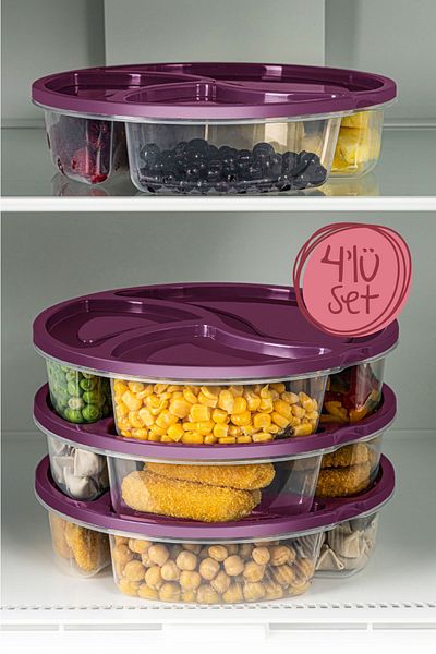 Vienev 1-2 Liter Purple 4-Piece Round Storage Set - 3 Compartments
