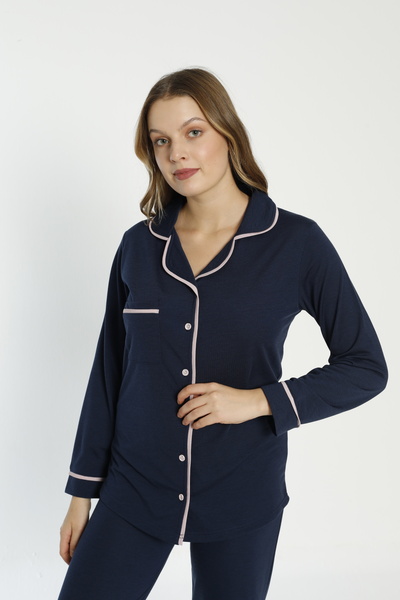 ERDENİZ TEKSTİL Gömlek Yaka Boydan Düğmeli Pamuklu Uzun Kol Kadın Pijama Takımı