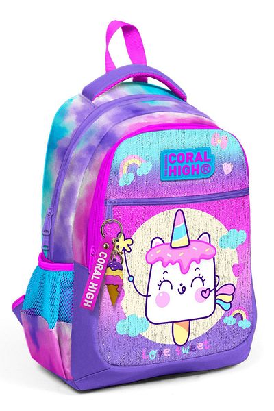 Coral High Kids Colorful Batik Unicorn Ice Cream Patterned Three Compartment School Backpack 23480