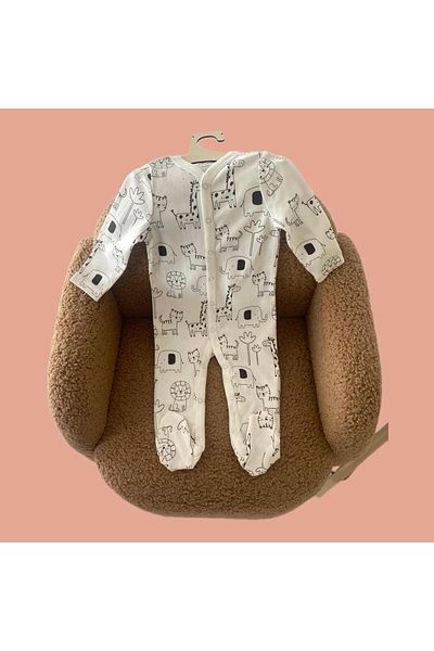 PİEROS White Patterned Baby Jumpsuit with Snap Fasteners - with Booties