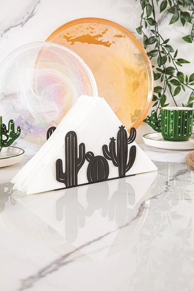 Doreline Cactus Motif Desktop Decorative Napkin Holder Towel Holder Black