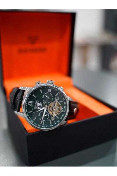 Raymond Swiss 4121 Black/Khaki Green Crocodile Patterned Cord Men's Wristwatch