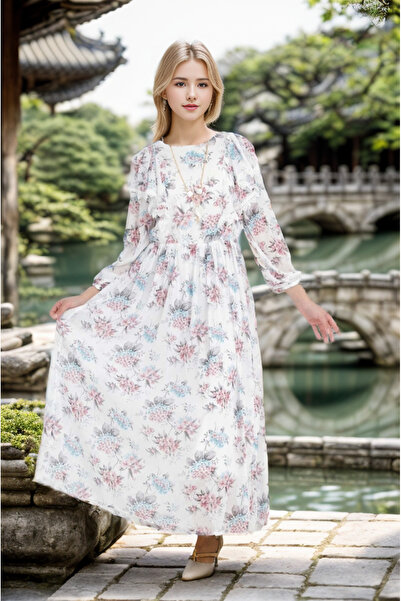 Joui Co Kız Çocuk Uzun Elbise Boydan Tesettüre Uygun Çiçekli Elbise 11 Yaş-12...