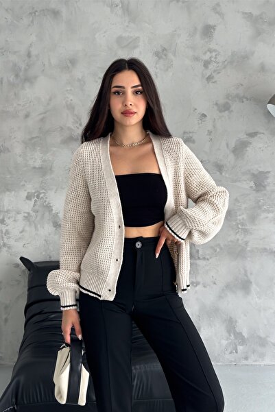 FEMELLE Gold Buttoned Striped Knitted Sweater Cardigan - Women, Standard Size