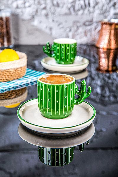 Doreline Opuntia Cactus Handmade 110 Ml Turkish Coffee, Espresso Cup Green 2 Pieces, Gift 2-Piece Cup