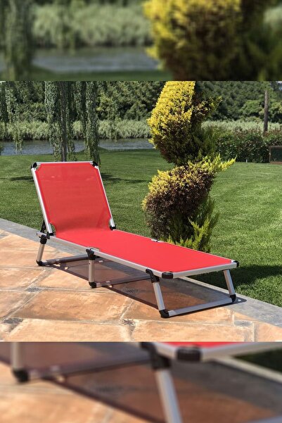 Alezy Fileli Katlanır Plaj Balkon Havuz Kademeli Şezlong Kırmızı