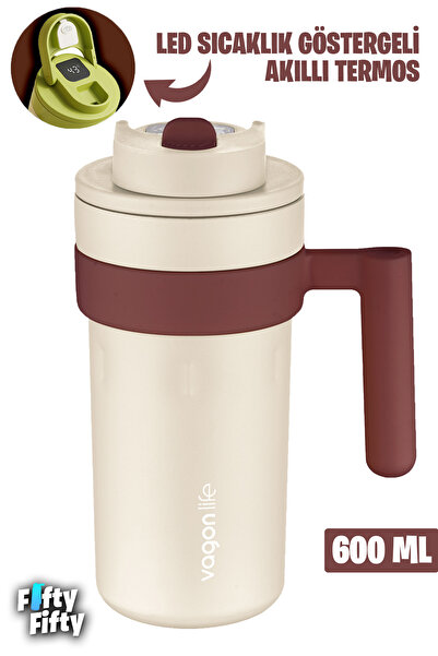 Vagonlife 600 ML LED Sıcaklık Göstergeli Akıllı Çelik Termos Kulplu -Kahve Bardağı-Mug-FFVGN2009
