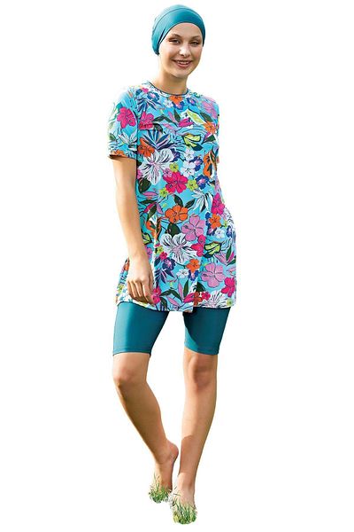 Ruko Petrol Blue Patterned Women's Hijab Swimsuit - Short Sleeve, Maio 24246