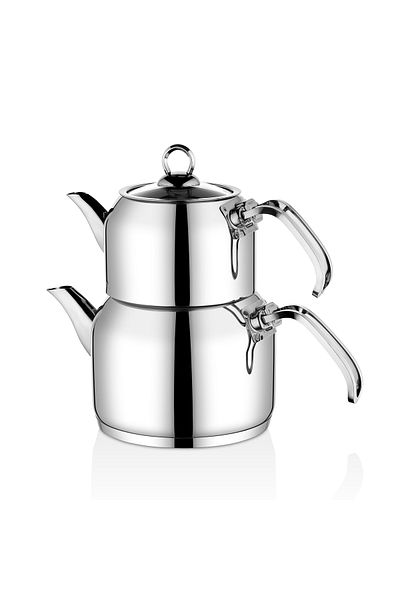 OMS 8090-XL طقم إبريق شاي متوافق مع الحث من الفولاذ المقاوم للصدأ مكون من 4 قطع - جسم فضي وتفاصيل فضية
