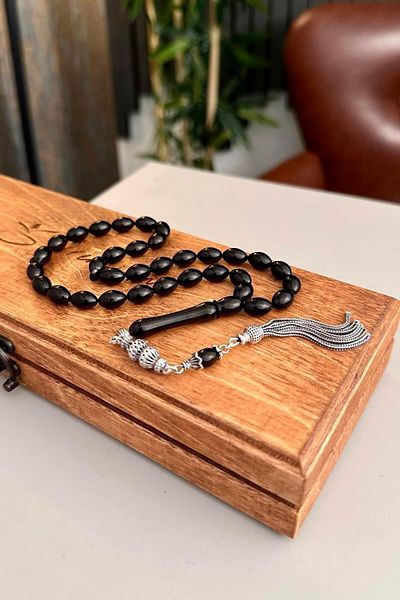 dergah tesbih Erzurum Beyzi Model - Oltu Stone Silver Rosary, 7x10 mm