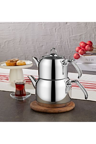 OMS 8090-XL طقم إبريق شاي متوافق مع الحث من الفولاذ المقاوم للصدأ مكون من 4 قطع - جسم فضي وتفاصيل فضية
