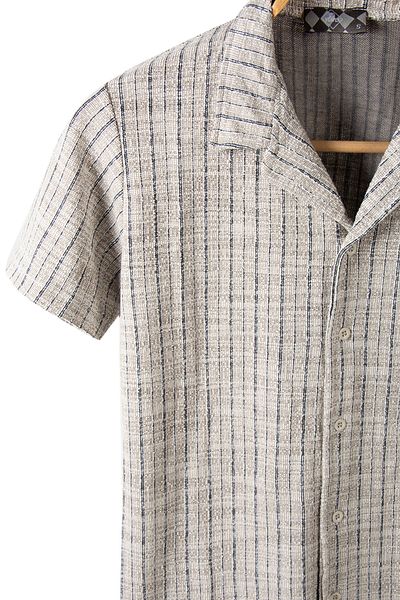 VEAVEN Men's Cream Slim Fit Striped Cotton Summer Shirt - Short Sleeve