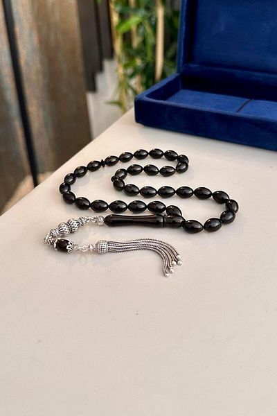 dergah tesbih Erzurum Beyzi Model - Oltu Stone Silver Rosary, 7x10 mm