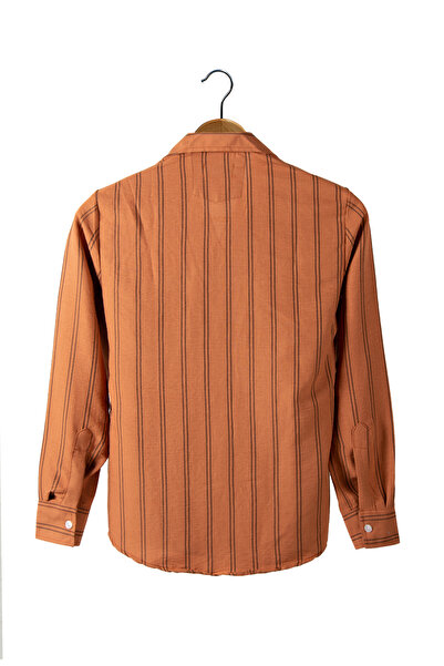 Terapi Men Erkek Kiremit Uzun Kollu Cepli Pamuk Slim Fit Çizgili Yazlık Gömlek