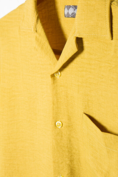 ADEGO Men's Slim Fit Mustard Yellow Summer Shirt - Short Sleeve, Solid Cotton