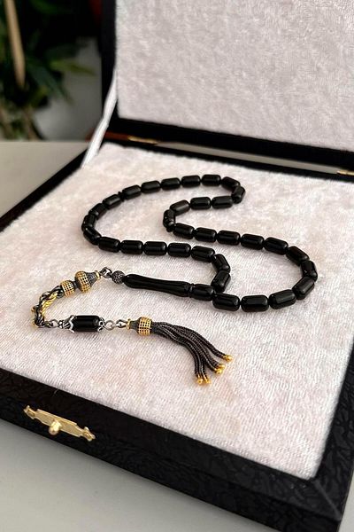 dergah tesbih Erzurum Oltu Stone Twist Silver Rosary - Capsule Model, 6x10 mm