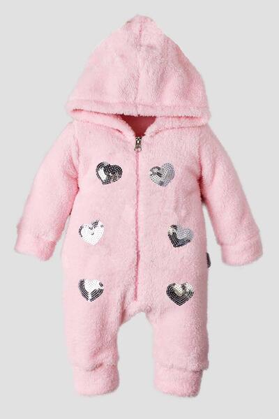 Kidex’s Baby Kışlık Tatlı Peluş Kalpli Welsoft Tulum Kapüşonlu Bebek Tulum