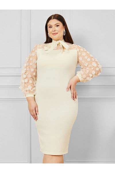 Styli Plus Floral Embroidered Tie Up Neck Bodycon Midi Dress