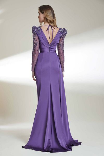 Kenzel Long V-neck Transparent Sleeve Slit Dress