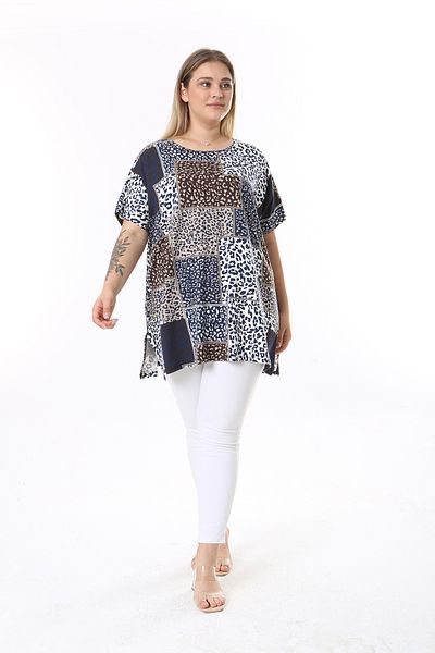 XL Modam Large Size Navy Blue Tunic - Multicolored and Side Slit
